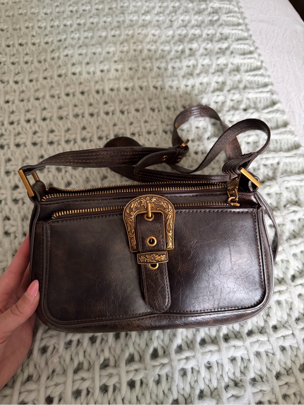 Steve Madden Dark Brown Leather Crossbody with Decorative Gold Buckle